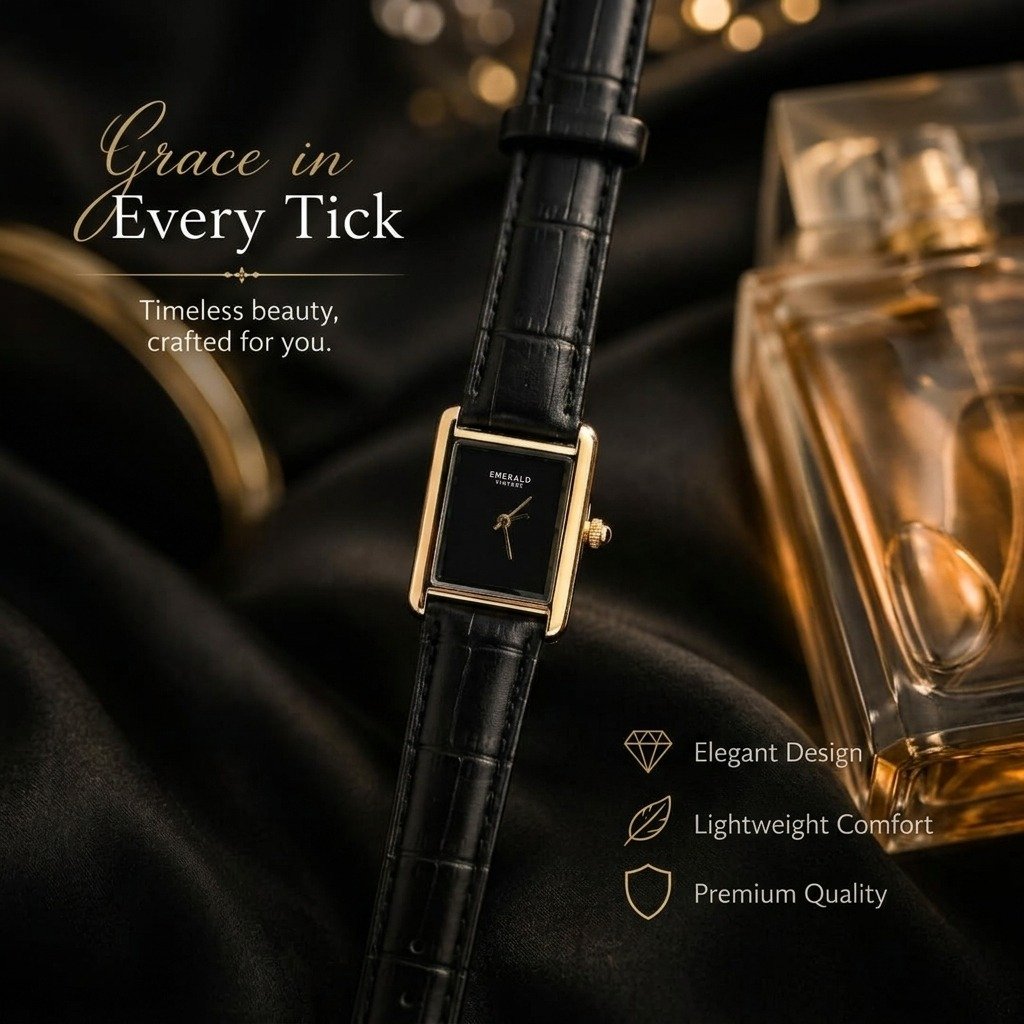 Emerald Supreme Couple Watches - Rectangular Black Dial with Golden Case & Black Leather Strap - His & Hers Set
